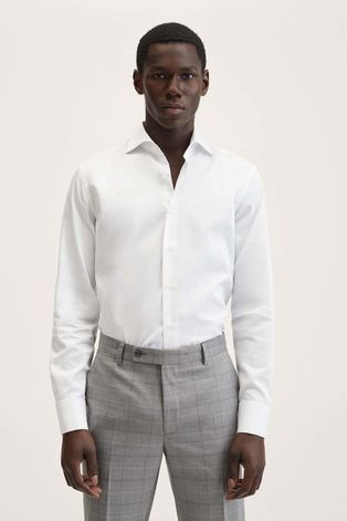 Риза Mango Man мъжка в бяло с кройка по тялото с италианска яка