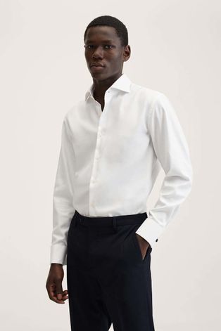Памучна риза Mango Man мъжка в бяло с кройка по тялото с италианска яка