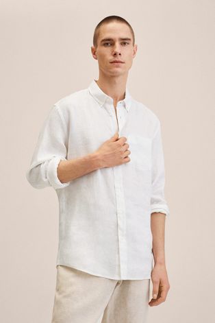 Риза Mango Man Avispa мъжка в бяло с кройка по тялото с яка с копче
