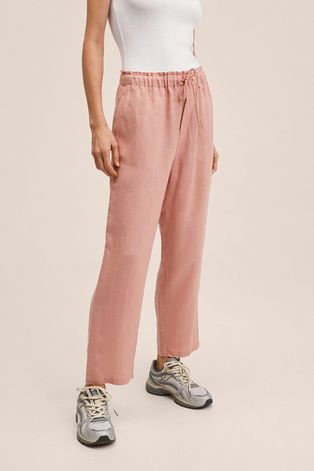 Mango spodnie lniane Linen damskie kolor różowy szerokie high waist