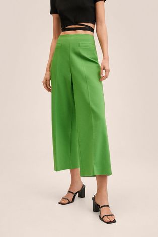 Панталони Mango Farrito дамски в зелено разкроен модел над глезена, с висока талия