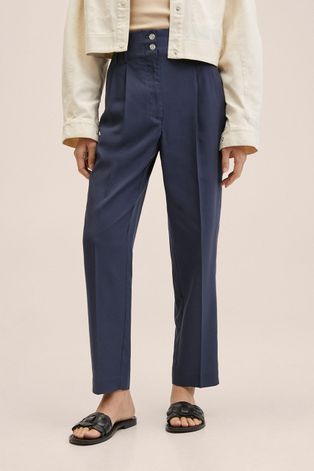 Kalhoty s příměsí lnu Mango Tania dámské, tmavomodrá barva, jednoduché, high waist