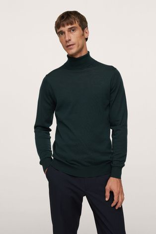 Mango Man Sweter wełniany męski kolor zielony z golfem