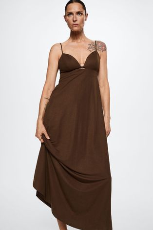 Платье Mango Vani цвет коричневый maxi расклешённое