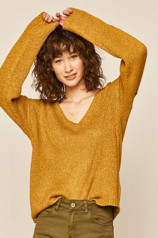 Sweter damski ze spiczastym dekoltem żółty