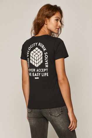 T-shirt damski z nadrukiem Kostka Rubika szary
