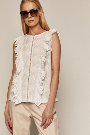 Bawełniana bluzka damska z haftem i falbanką biała