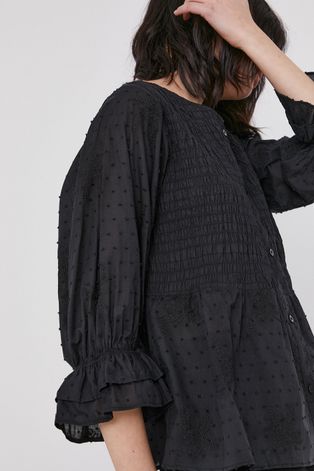 Bluzka damska z baskiną z tkaniny plumeti czarna