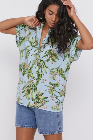 Koszula damska z wiskozy w roślinny wzór niebieska