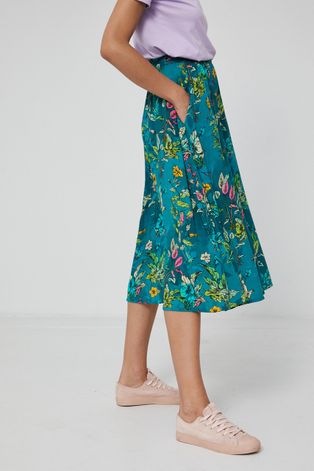 Rozkloszowana spódnica damska w kwiatowy wzór zielona