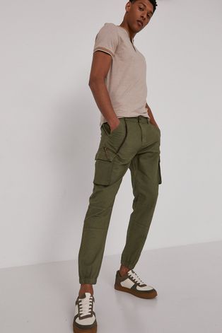 Spodnie męskie cargo z lnem i bawełną organiczną zielone