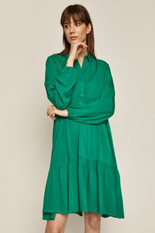 Gładka sukienka damska z falbanką zielona