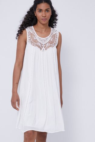 Sukienka damska z wiskozy z koronkową wstawką biała