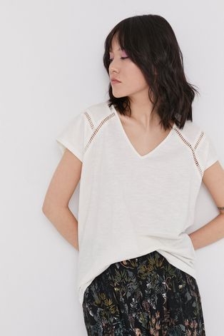 T-shirt damski z bawełny organicznej z dekoltem V kremowy