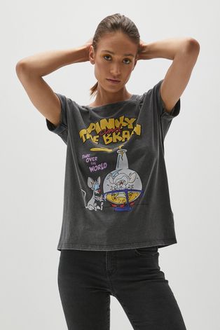 T-shirt bawełniany damski z nadrukiem Pinky and the Brain szary