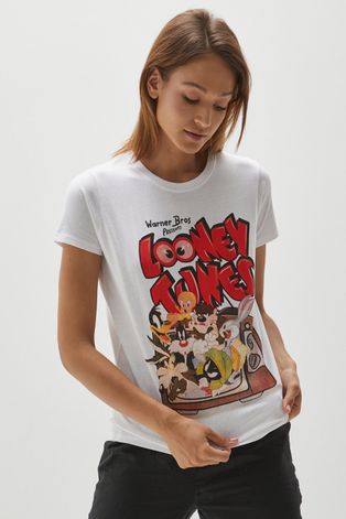 T-shirt bawełniany damski z nadrukiem Looney Tunes biały