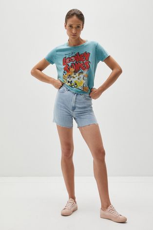 T-shirt bawełniany damski z nadrukiem Looney Tunes turkusowy
