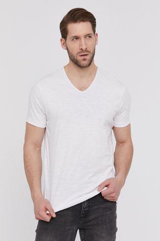 Bawełniany t-shirt męski z dekoltem w serek biały