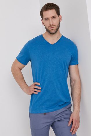 Bawełniany t-shirt męski z dekoltem w serek niebieski