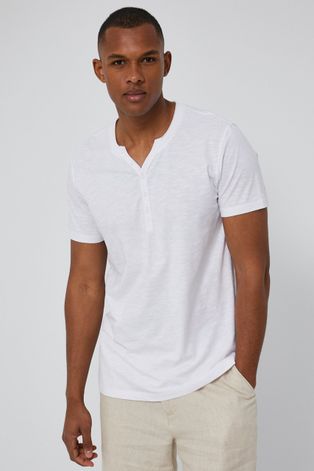Bawełniany t-shirt męski z guzikami biały