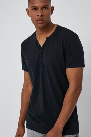 Bawełniany t-shirt męski z guzikami czarny
