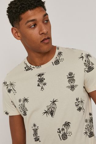 Bawełniany t-shirt męski wzorzysty kremowy