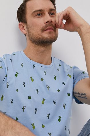 Bawełniany t-shirt męski w kaktusy niebieski