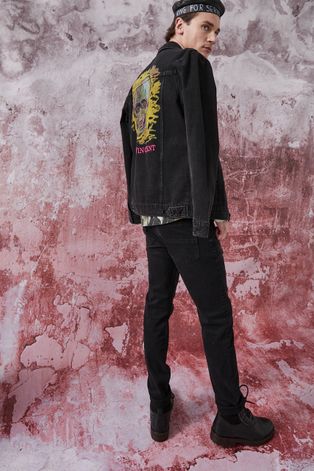 Kurtka jeansowa Eviva L'arte męska z nadrukiem czarna