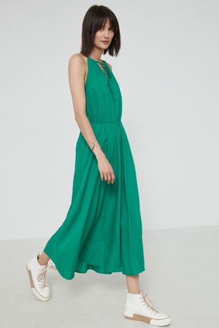 Medicine sukienka z domieszką lnu kolor zielony maxi rozkloszowana