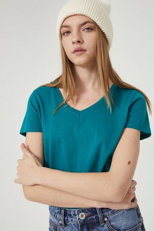 T-shirt bawełniany damski turkusowy