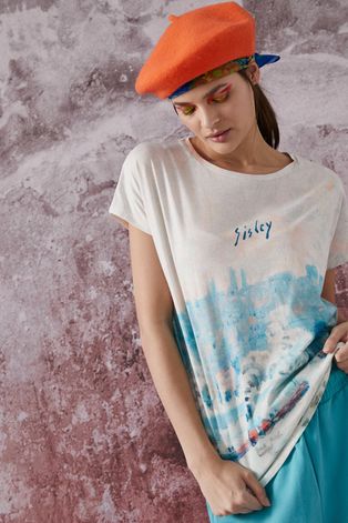 T-shirt bawełniany Eviva L'arte damski wzorzysty niebieski