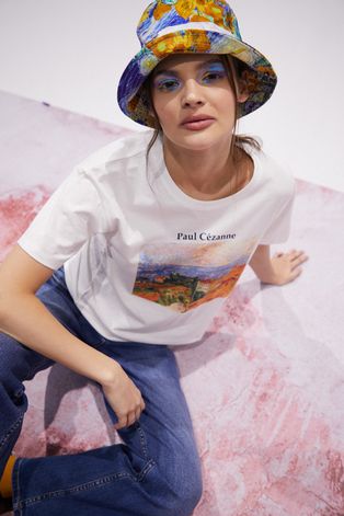 T-shirt bawełniany Eviva L'arte damski z nadrukiem kremowy