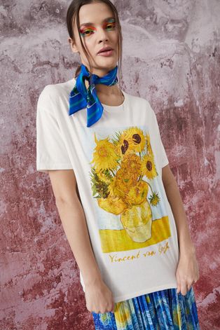 T-shirt bawełniany Eviva L'arte damski z nadrukiem beżowy