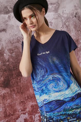 T-shirt bawełniany Eviva L'arte damski z nadrukiem granatowy