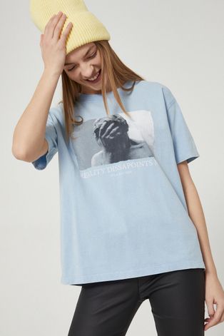 T-shirt bawełniany damski z nadrukiem niebieski