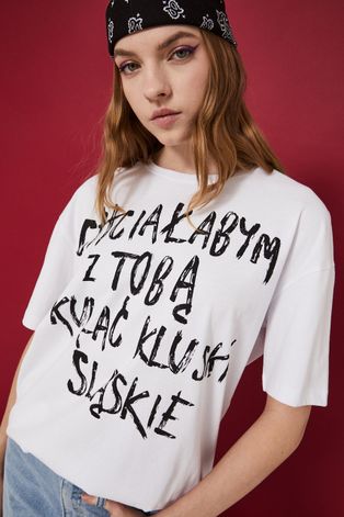 T-shirt bawełniany damski z nadrukiem biały