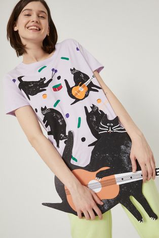 T-shirt bawełniany z nadrukiem damski by Jakub Zasada fioletowy