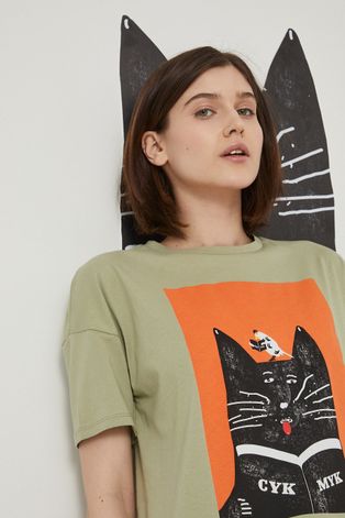 T-shirt bawełniany z nadrukiem damski by Jakub Zasada zielony