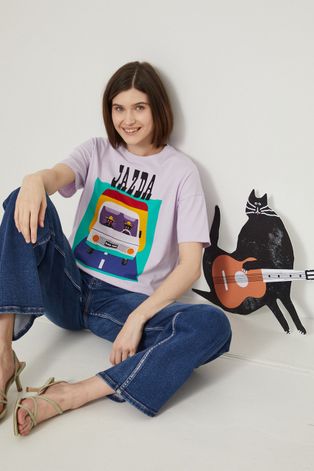 T-shirt bawełniany z nadrukiem damski by Jakub Zasada fioletowy