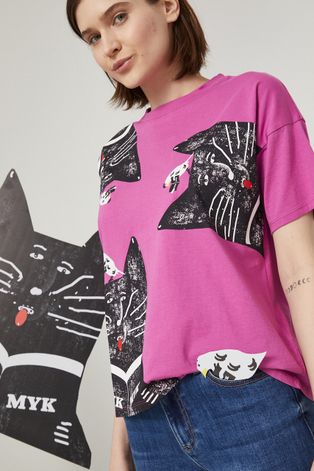 T-shirt bawełniany damski z nadrukiem by Jakub Zasada różowy
