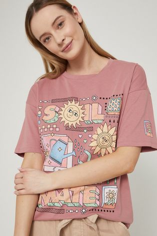 T-shirt bawełniany z nadrukiem damski różowy