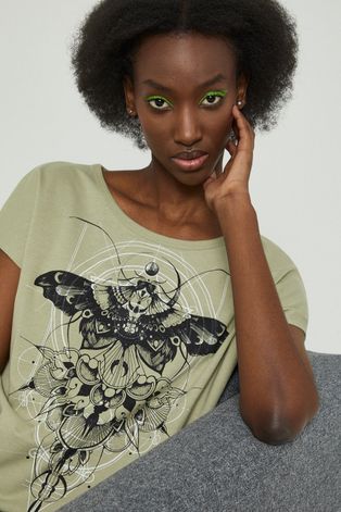 T-shirt bawełniany damski wzorzysty zielony