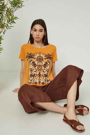 T-shirt bawełniany damski z nadrukiem pomarańczowy