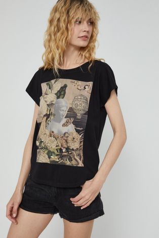 T-shirt bawełniany damski z kolekcji Kolaże by Hint of Time - Collage Studio czarny
