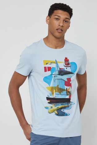 T-shirt bawełniany męski z kolekcji Kolaże by Panna Niebieska niebieski