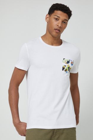 T-shirt bawełniany męski z kolekcji Kolaże by Panna Niebieska biały