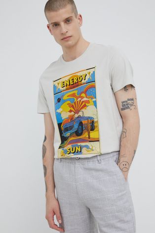 T-shirt bawełniany męski z nadrukiem beżowy
