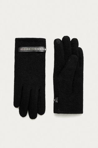 Rękawiczki touch screen damskie wełniane z ozdobnym elementem czarne