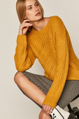 Sweter damski ze splotem żółty