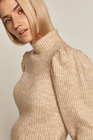 Sweter damski z bufiastymi rękawami beżowy